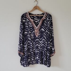Soft Surroundings Kira Beaded Tunic Ikat Batik Dark Navy Size 1X